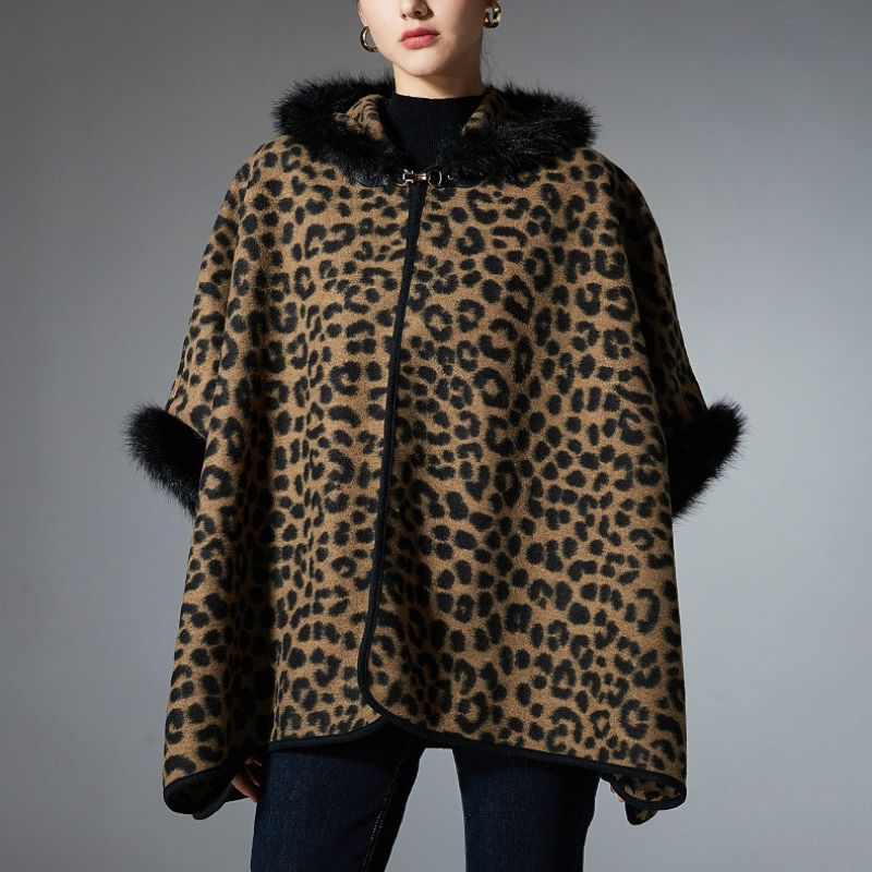 OC278M25 Women Leopard Print Cape Coat Hooded Faux Fur Trim Winter Warm Cardigan Street Fashion Outerwear Autumn Winter