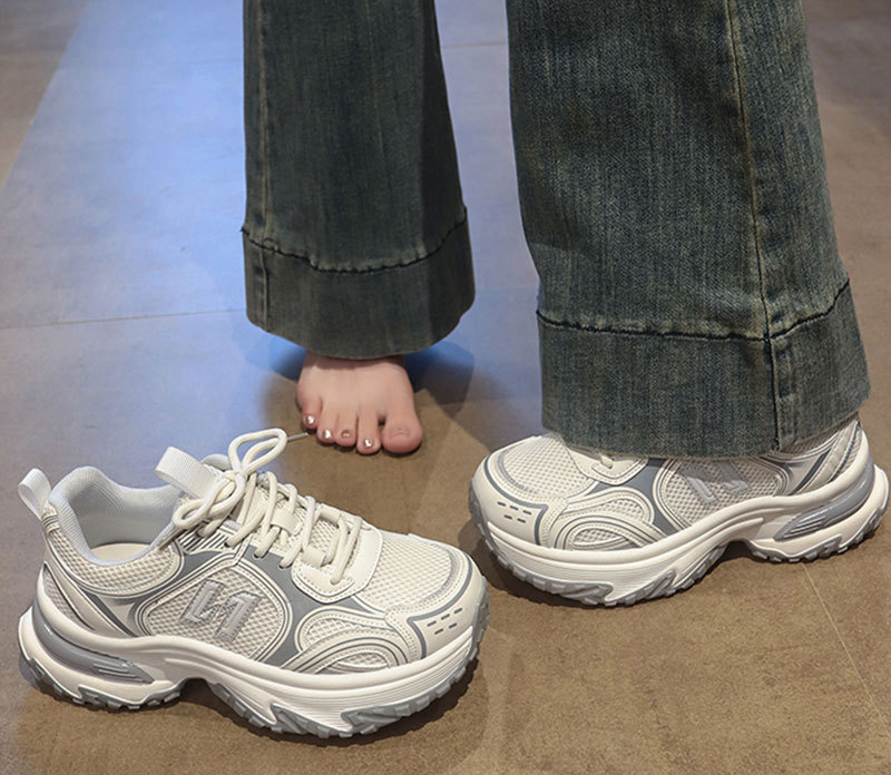 Free shipping Designer Casual Shoes Womens thick soled height increasing womens shoes, 2025 new casual sports shoes mesh womens shoes grey white