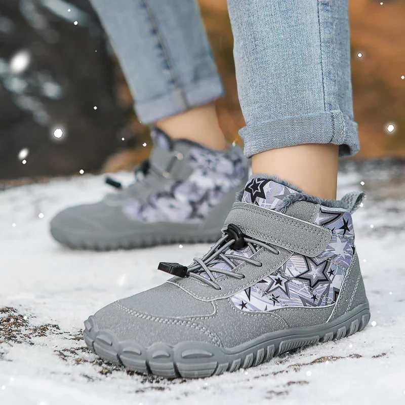 2025 Kids Barefoot Snow Boots Wide Toe Winter Insulated Waterproof Fur Lined Shoes for Boys Girls Cold Weather Outdoor SneakersW251121