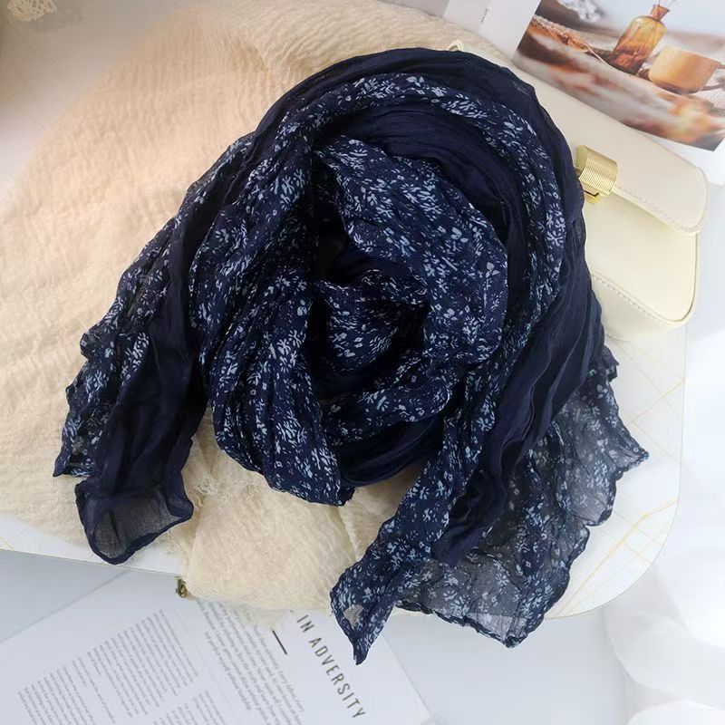 T524 natural small white flower wrinkled cotton and linen texture scarf versatile silk scarf shawl autumn and winter fashion women's neck scarf
