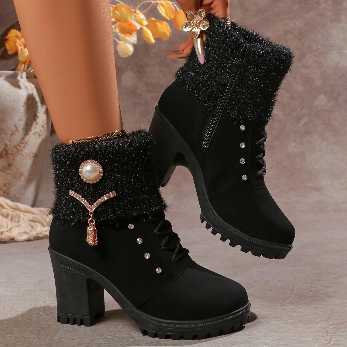 Women Boots Winter ner High Heels Shoes for Short Plush Platform Ankle Elegant Botas Mujer 251121