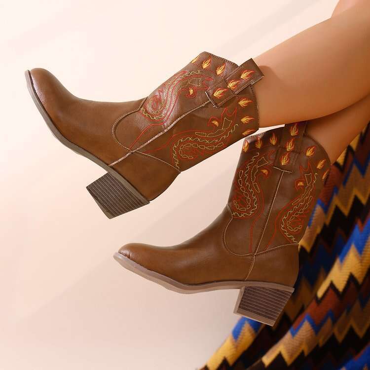 Plus Size Women's Shoes 2025 Autumn Winter New Round Toe Chunky Mid Heel Mid-Calf Western Cowboy Boots for Women Designer Shoe