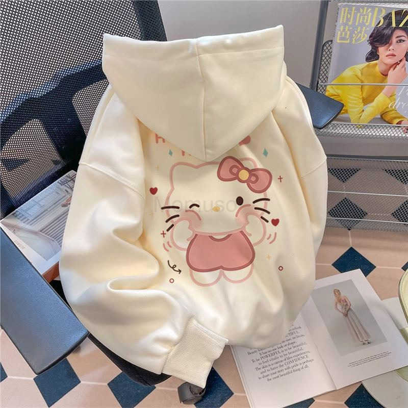 Sanrio Sweet Campus Style Hoodie for Women Thick Fleece Kitty Cat Print Loose Fit Versatile Spring Top H251121