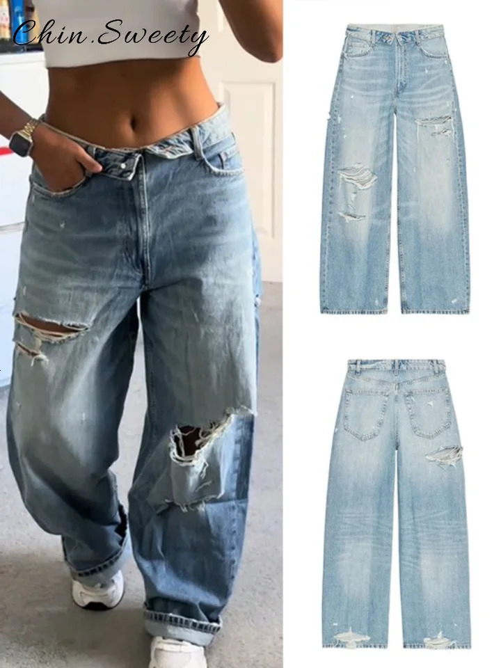 Chic Womens Ripped Pockets Denim Trousers Loose Low Waist Zipper Wide Leg Jeans Female Autumn High Street Casual Pants 251113