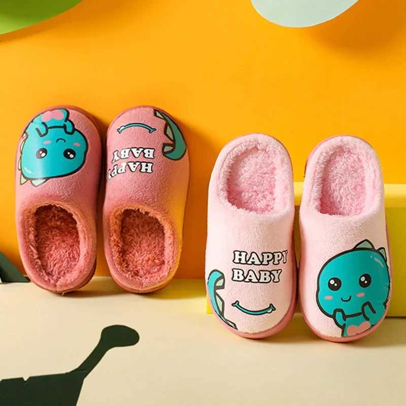 Cartoon Dinosaur Winter Warm Slippers for Kids Boys Girls Non-slip Thickness Soft Soled Slippers for Children Home Plush ShoesW251121