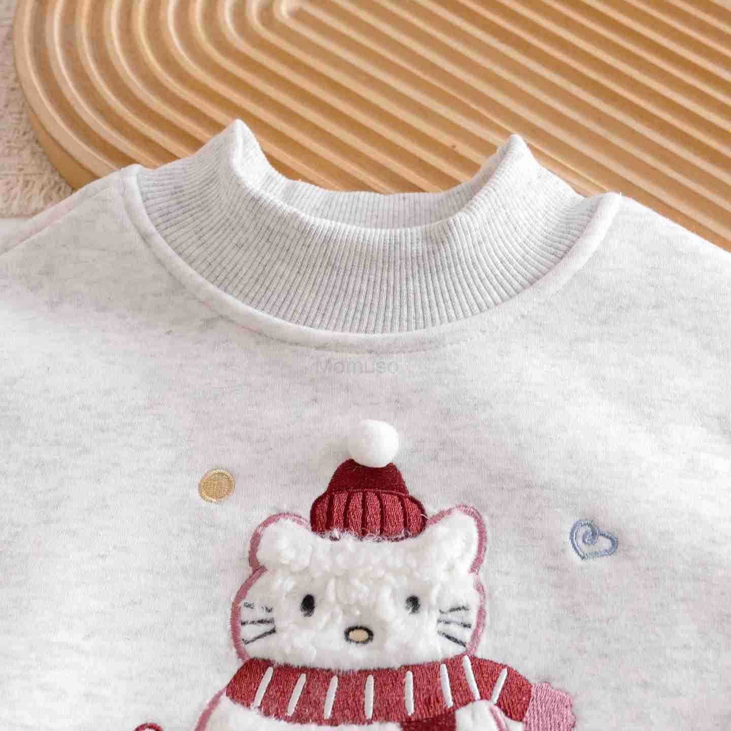 Sanrio Girls Winter Velvet Sweatshirt New Sweet Cartoon Hello Kitty Snowman Warm Top Thickened Splicing Ruffle Hemline Pullover H251121
