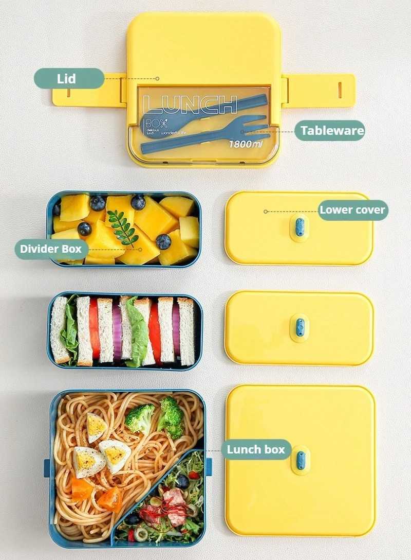 1800ML Square Double Layer Compartment Lunch Box Microwave Safe Large Capacity Plastic Bento Container for Students and OfficeM251121