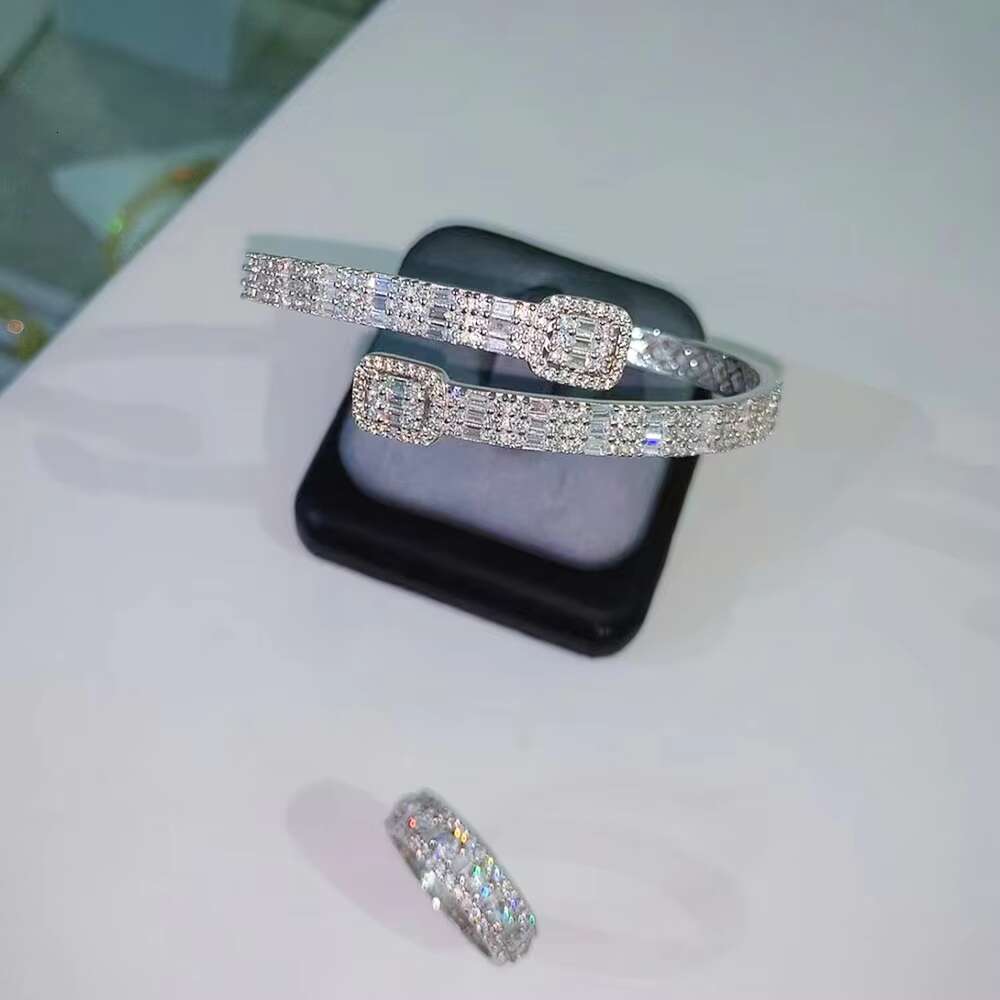 New Custom Design Baguette Moissanite Diamonds S925 Sterling Silver Bangle Unisex Bracelet Jewelry