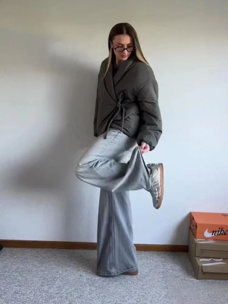 Fashion Lace Up Padded Cotton Jacket Women 2025 Winter Casual Loose Parkas Coat Vintage Outwear Female Warm Quilted Outerwears 251111