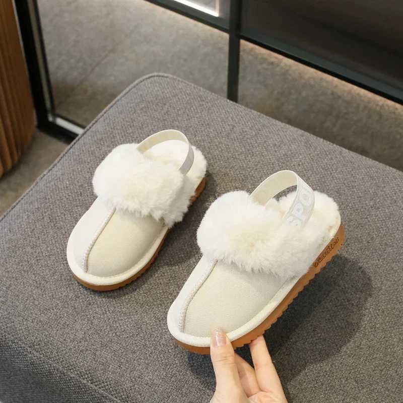 Children Toes Wrapped Plush Slippers Kids Classic Slippers Winter Anti Slip Thick Soled Girls Fur Cotton Shoes Britain StyleW251121