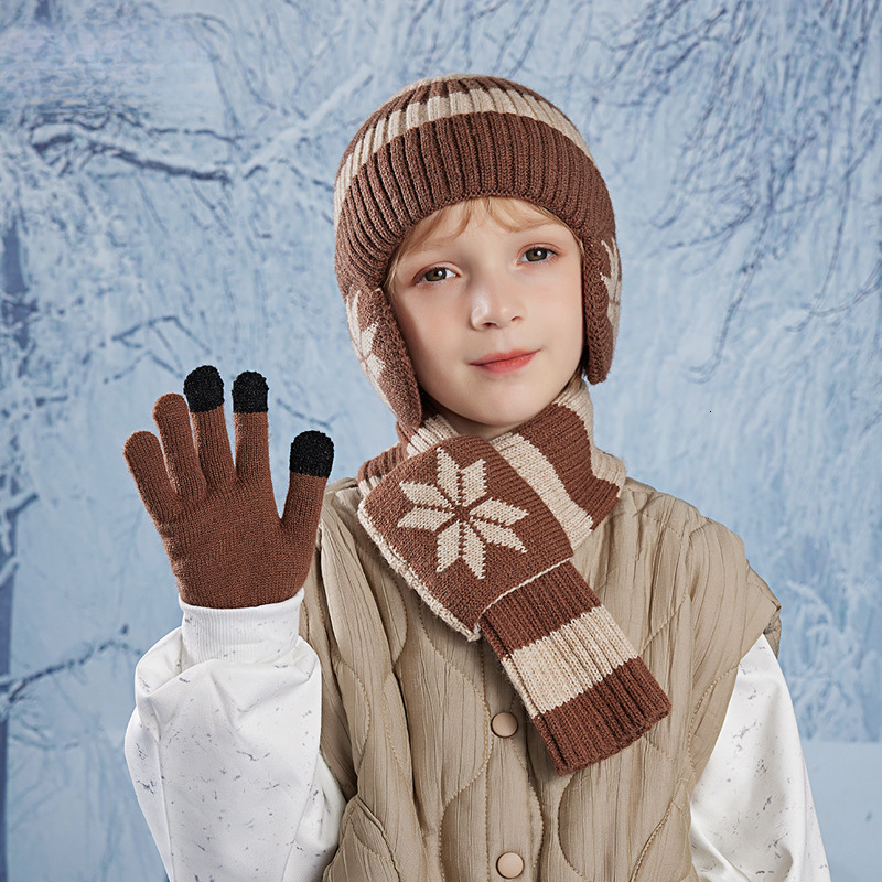 Children's Hat and Scarf GlovesSet for Boys and Girls Fleece-Lined Ear Protection Winter Warm Knitted Beanie free shipping