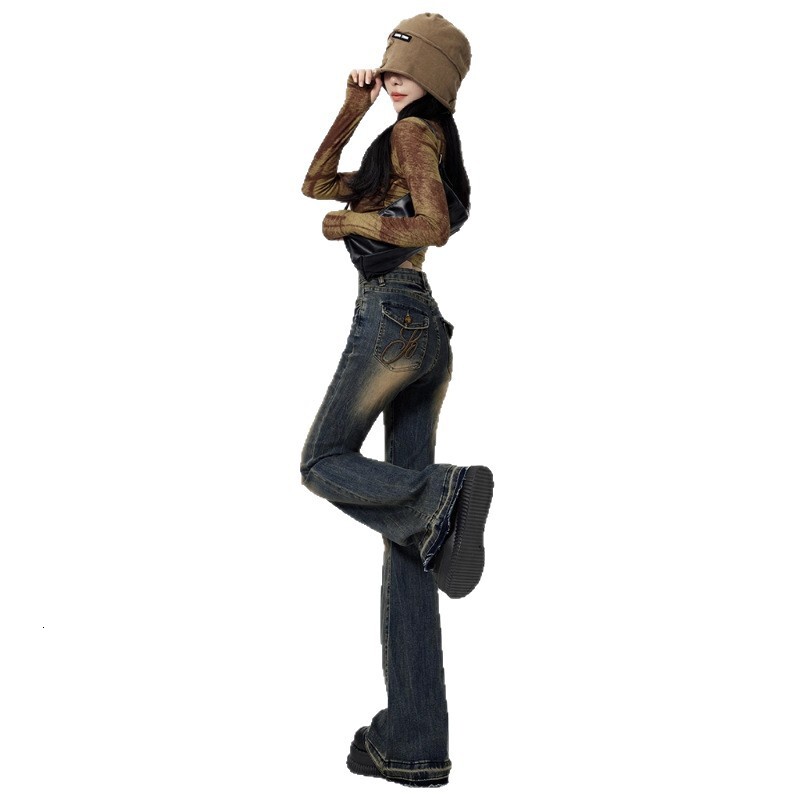 Designer luxury Vintage Flared Jeans for Women 2025 New Early Autumn High Waist Slim Fit Frayed Hem Slimming Bootcut Stretch Pants