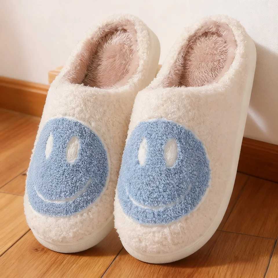Kids Slippers Smiling Face Fluffy Winter Shoes For Children Anti-slip Thick Bottom Home Slipper Keep Warm Pink Blue Size 36-41W251121