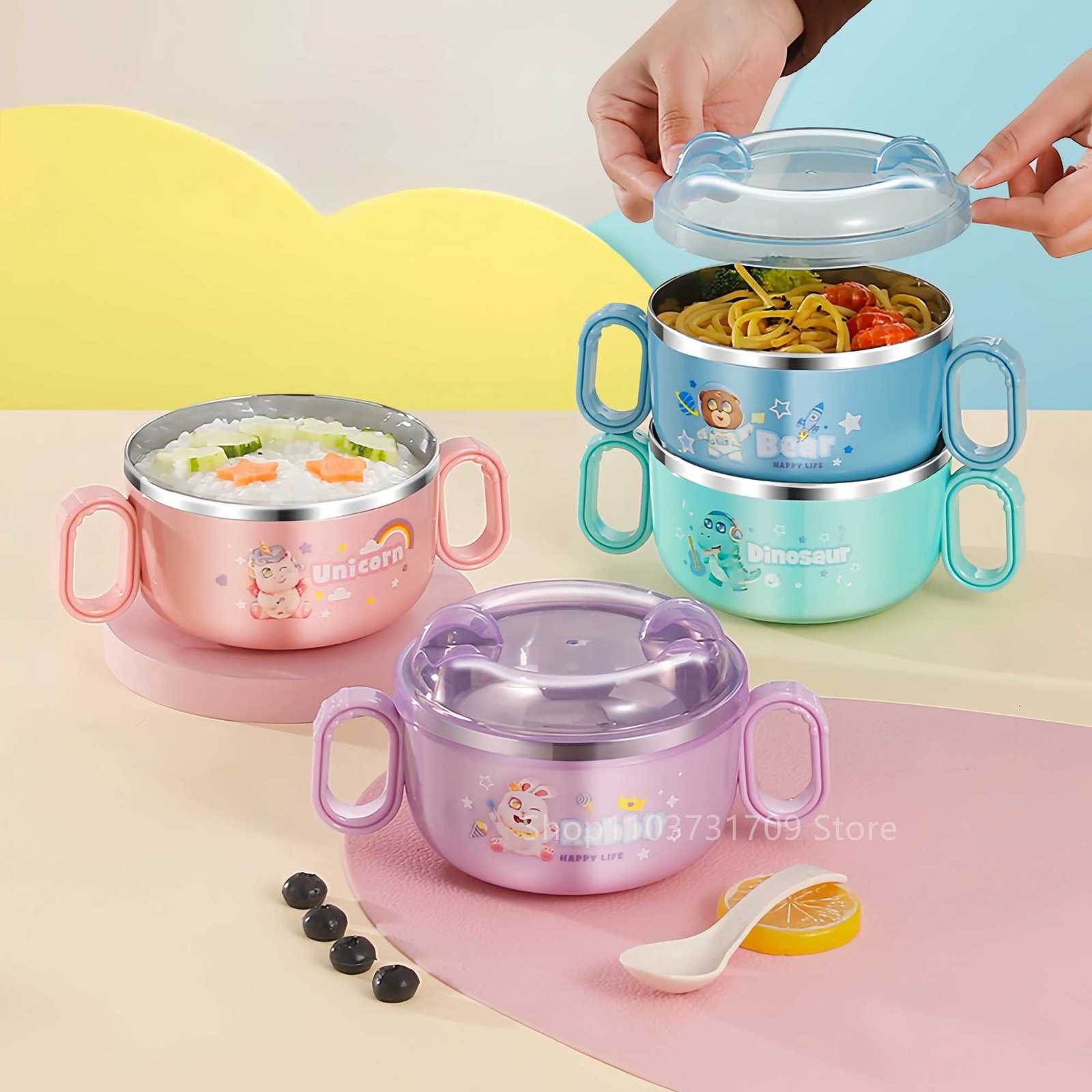 304 Stainless Steel Childrens Bowl Portable Lunch Box Microwave Bento Boxes with Handle for Kids School Food Storage ContainerM251121