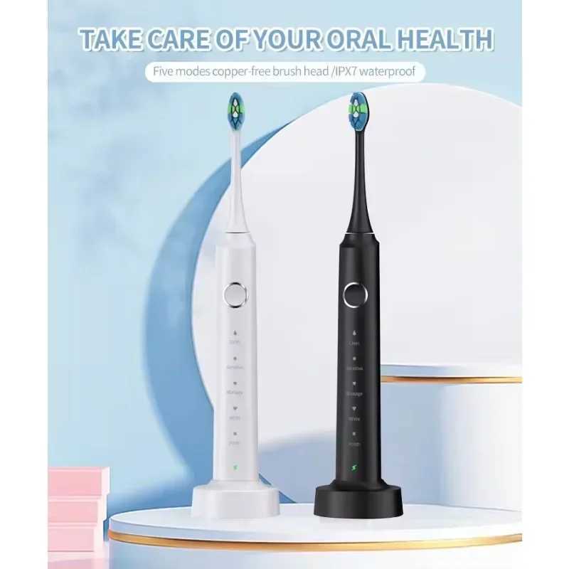 Electric Toothbrush USB Rechargeable Dental Electric Brush Automatic Ultrasonic IPX7 Waterpoof Toothbrush with 6 Brush Heads C251121