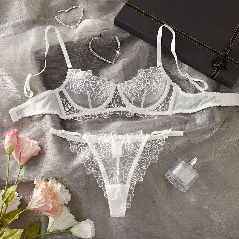 Lace Sexy Lingerie Hot Selling Sexy Mesh Floral Embroidery Push Up Temptation Sheer Lingerie Set For Women