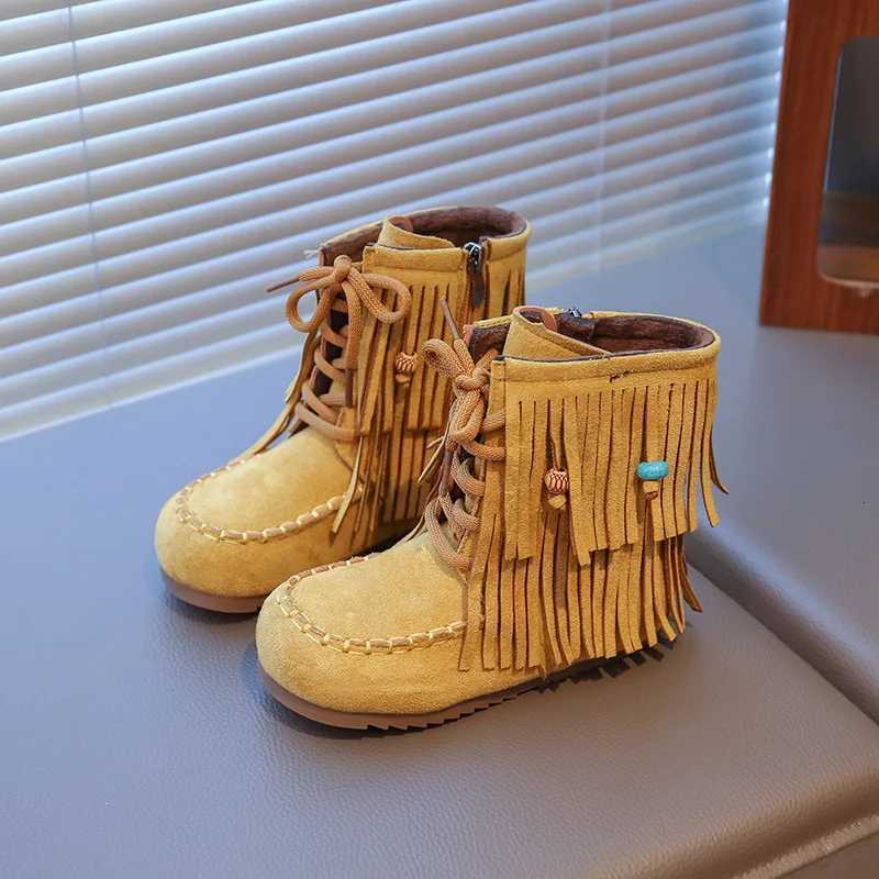 Tassel Children Fashion Boots Autumn Winter Solid Fleece Warm Vintage Girls Boots PU Leather Zip Soft Kids Mid Calf ShoesW251121