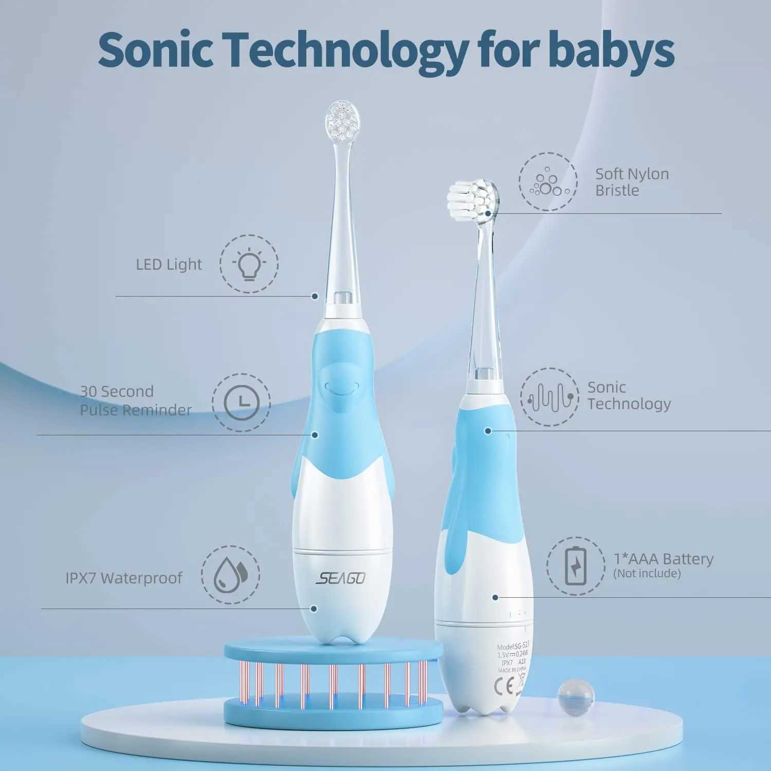 SEAGO Toddler Electric Toothbrush for Ages 1-3 Years Baby Electric Toothbrush with Smart LED Timer and Sucker Base 4 Brush Heads C251121
