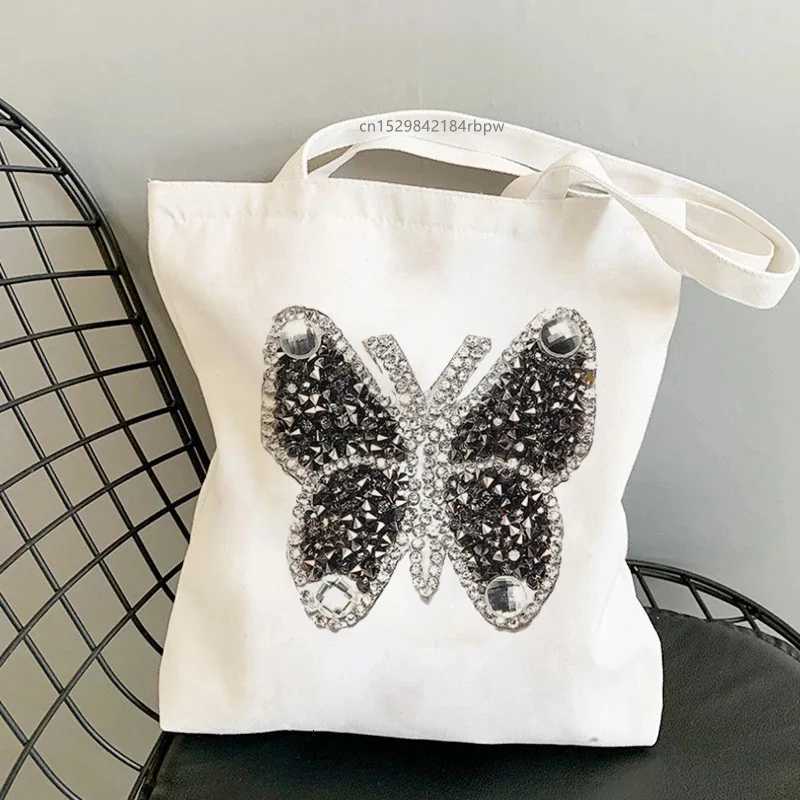Rhinestone Butterfly Canvas Tote Bag - Sparkling Sequin Silver Black Luxury Fashion Decorative Party Shoulder Shopping Bag WomenT251121