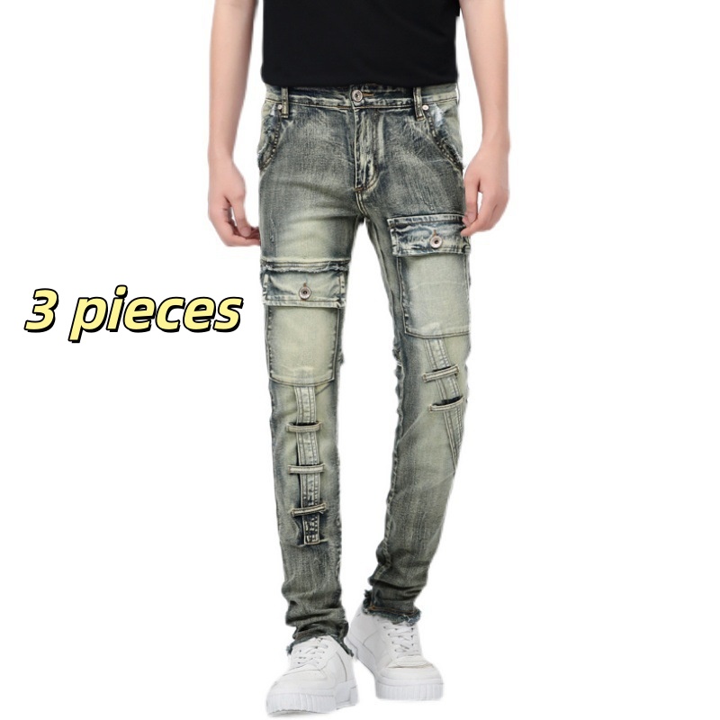 montbell Men's Jeans Clearance Sale Trendy Brand Slim Fit Small Foot Elastic baggy jeans Casual Long Pants