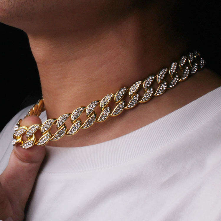 Accessories for men, hip-hop Cuban necklace, full dia trendy sweater 12MM large gold chain, no fading
