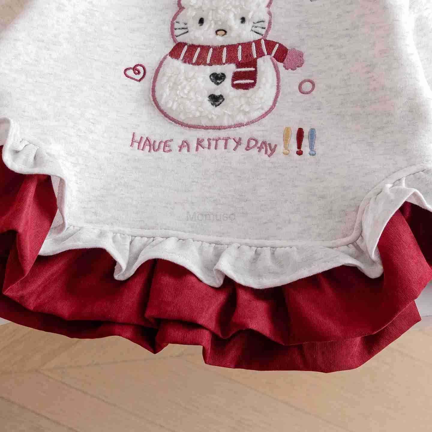 Sanrio Girls Winter Velvet Sweatshirt New Sweet Cartoon Hello Kitty Snowman Warm Top Thickened Splicing Ruffle Hemline Pullover H251121