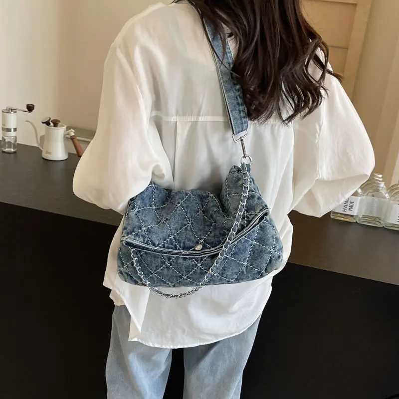 Wed Denim Tote Bag Wen Diamd Chain Harajuku Shoder Bag Ladies Stihing Large Capacity Casual Daily Underarm Bags Y251121