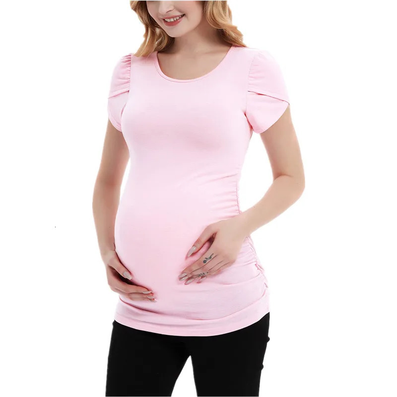Pregnant womens T-shirt with summer short petal sleeves pleated hem pregnant womens clothing womens tuning top casual basic T-shirt 250421