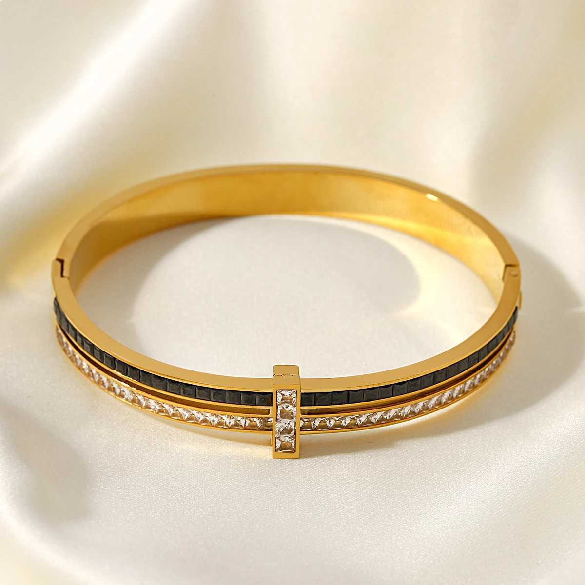 Flashbuy New Trendy Chic Zircon Stainless Steel Bangle Bracelets for Women Charm Texture Simple Gold Color Accessories Teen GiftW251121