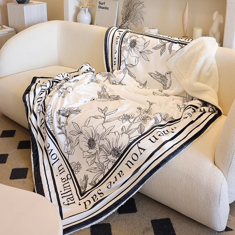Chinese Style Sketch Light Luxury High-End Feel Throw Fleece Sofa Blanket Office Knee Nap Adult Thickened