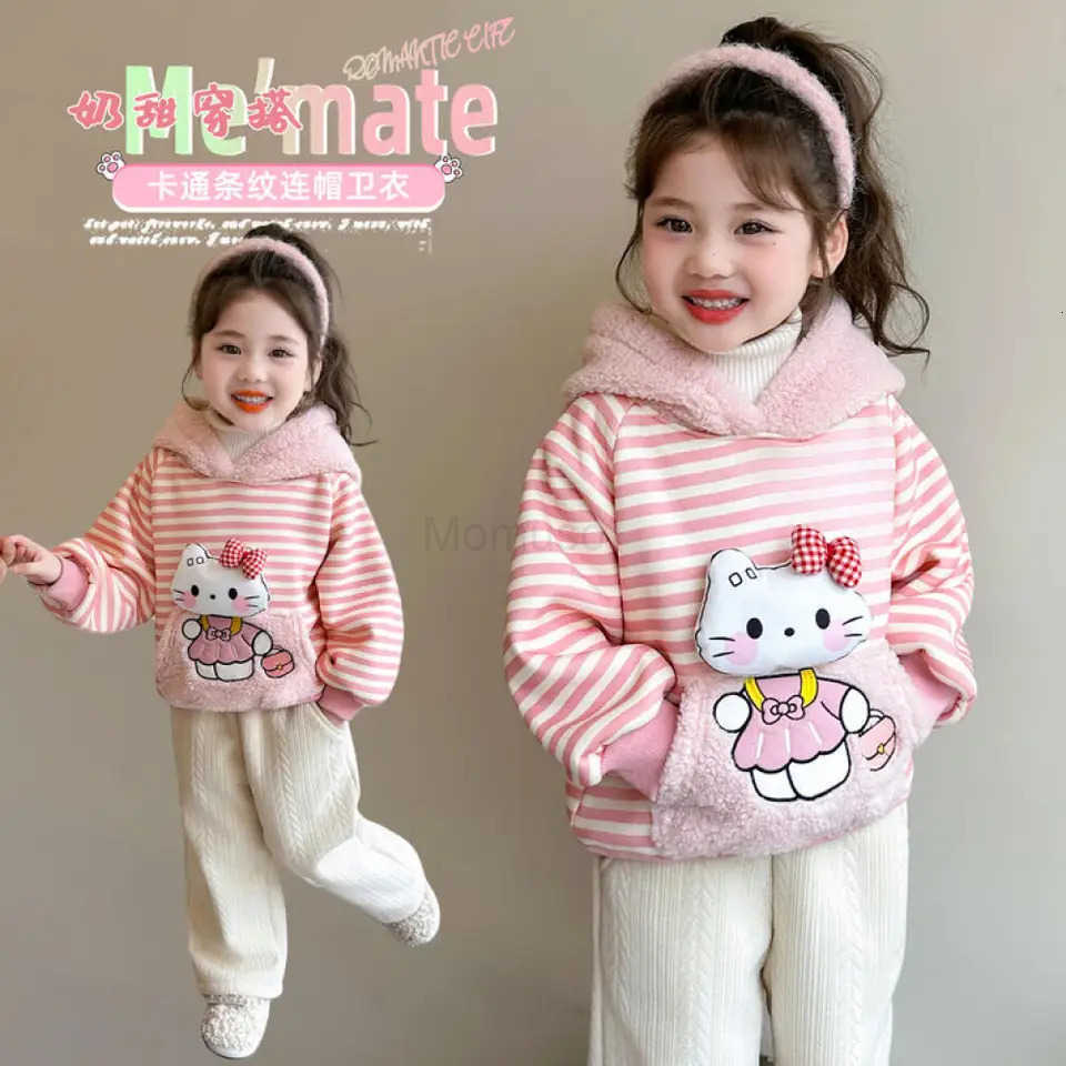 Sanrio Hello Kitty Girls Autumn and Winter Sweatshirt New Striped Cat Fleece Top Fashionable and Sweet Cartoon Hooded Sweatshirt H251121