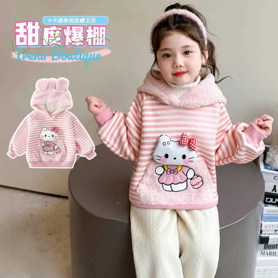 Sanrio Hello Kitty Girls Autumn and Winter Sweatshirt New Striped Cat Fleece Top Fashionable and Sweet Cartoon Hooded Sweatshirt H251121