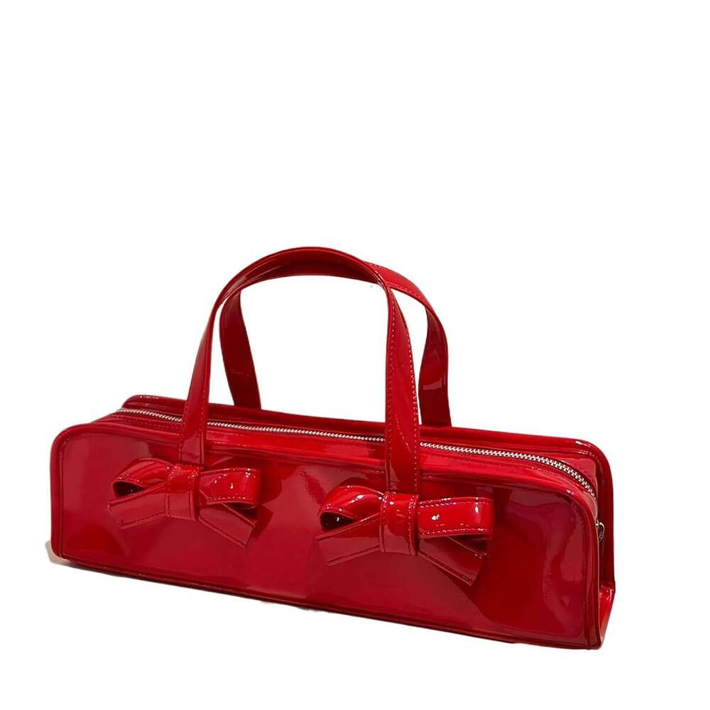 New Sweet Edgy Glossy Bow Adorned Handbag Women Large Capacity Tote With Zipper Closure Fixed Shoulder Strap Red Black Versatile For Casual Formal