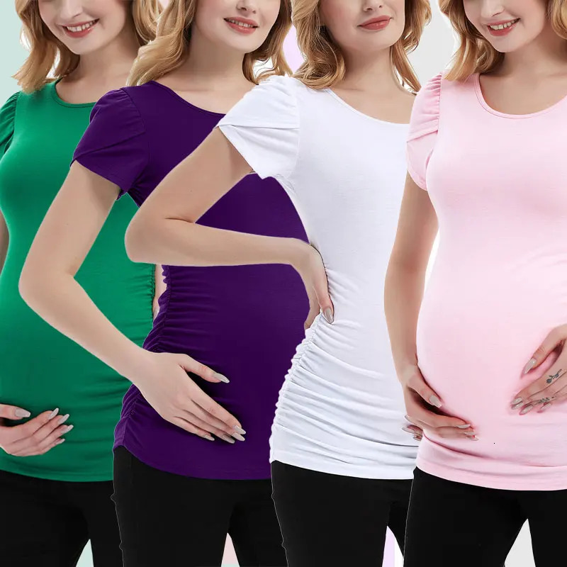 Pregnant womens T-shirt with summer short petal sleeves pleated hem pregnant womens clothing womens tuning top casual basic T-shirt 250421