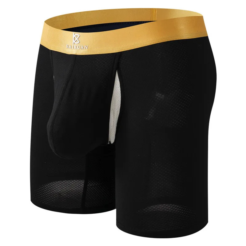 Mens boxer underwear summer silk quick drying long leg sports breathable mesh independent pocket 250417