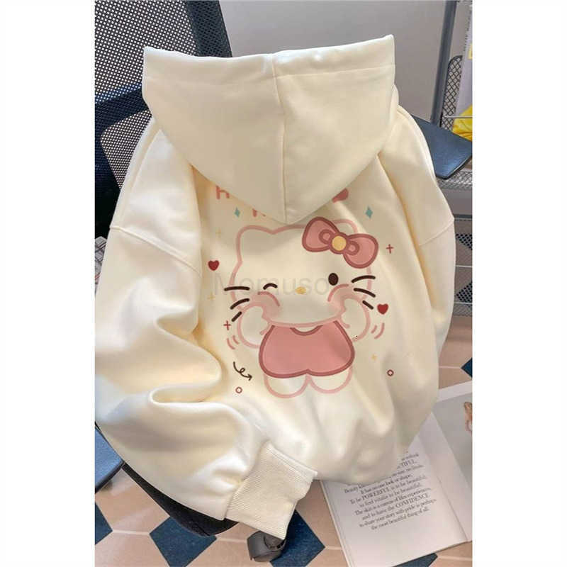 Sanrio Sweet Campus Style Hoodie for Women Thick Fleece Kitty Cat Print Loose Fit Versatile Spring Top H251121