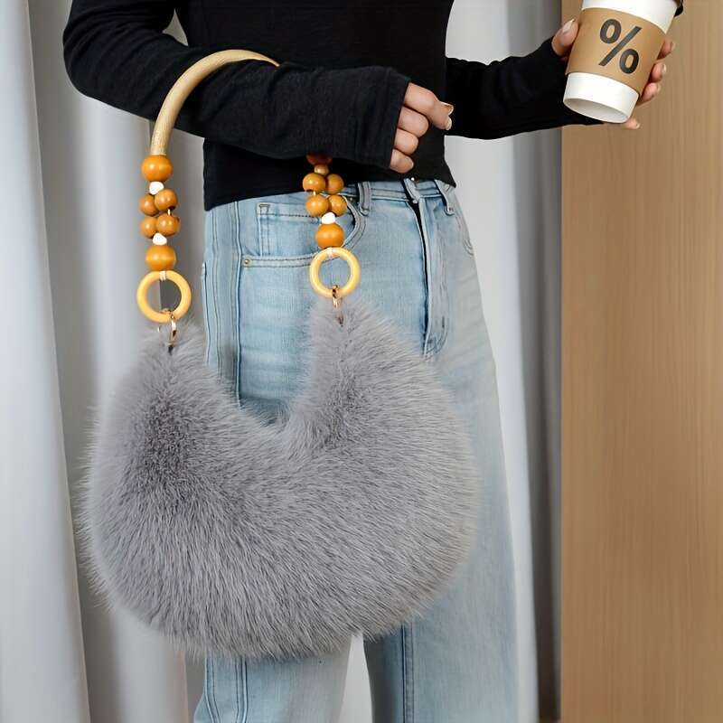 Pc Women S Handbag Plush Faux Tote Crossbody Purse With Bead Accented Strap Golden Tone Charm Like Beads Zipper Closure Beige Pink Black Brown Gray