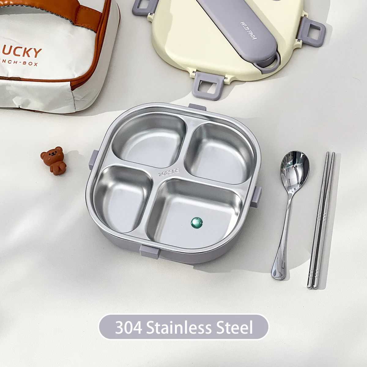 WORTHBUY 3/4 Compartments 304 Stainless Steel Square Lunch Box For Kids Portable Large Capacity Sealed Bneto Box With CutleryM251121