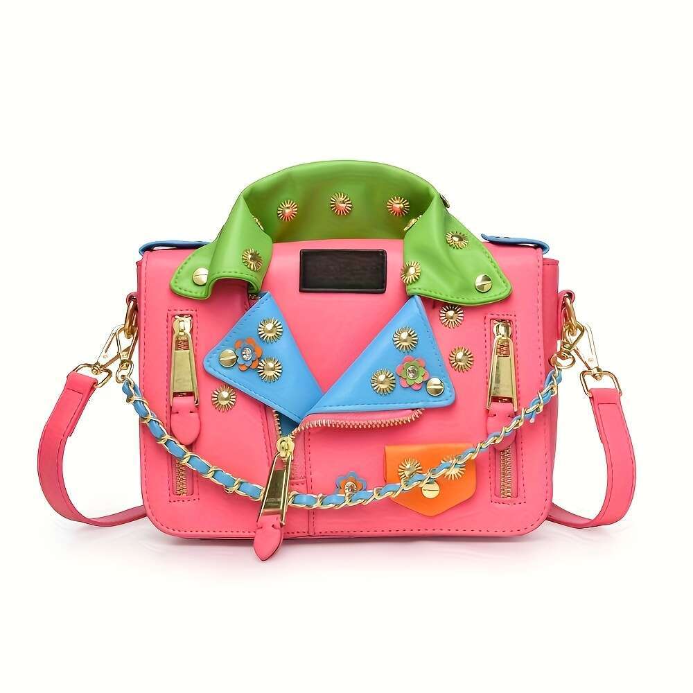 Women S Edgy Crossbody Bag Adjustable Chain Strap Multi Color Block Design Zipper Closure Polyester Lining Golden Tone Hardware Sleek Hardware Bright