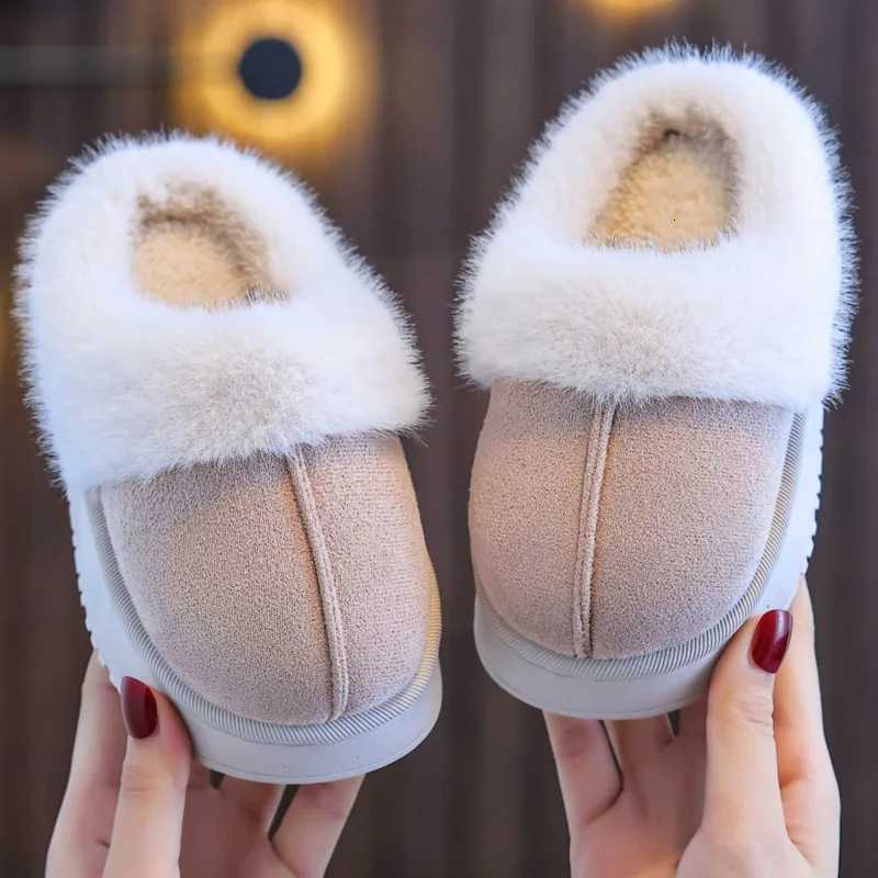 Solid PU Leather Boys Girls Slippers Winter Plush Warm Furry Children Slippers Casual Soft Bottom Floor Kids Home ShoesW251121
