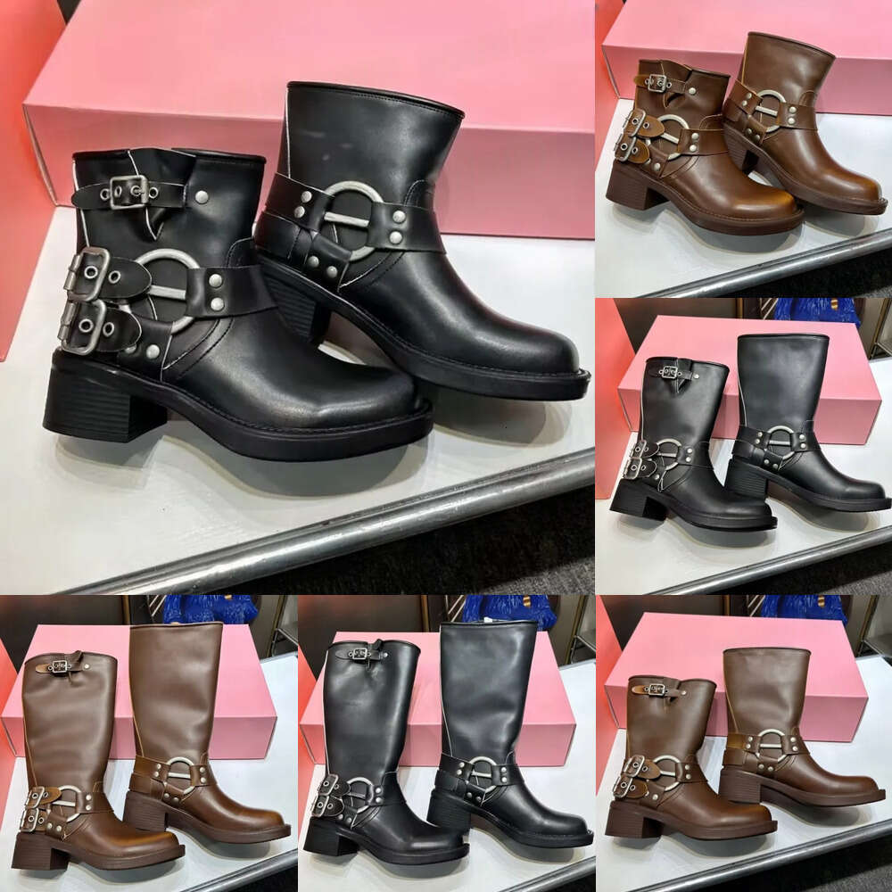 luxury Designer womens Autumn winter square toe calfskin leather Knight Boots Short High with Metal Buckle Vintage Style Winter Thick Heeled moto boot shoe