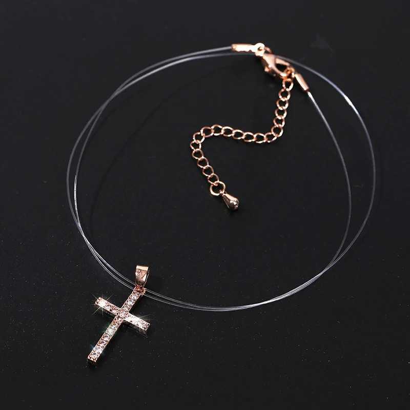 Classic Cross Pendant Necklace Simple Invisible Transparent Fishing line For Women Fashion Zircon Collier Choker NecklacesXJ251121