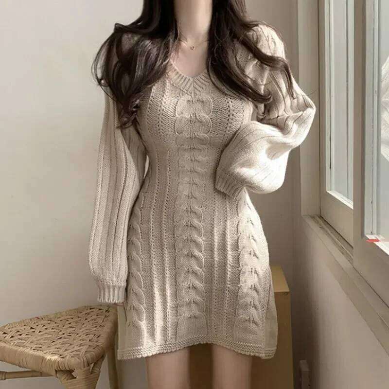 Korean Chic Autumn Gentle V-Neck Linen Pattern Design Slimming Long Sleeve A- Line Knitted High Collar Ankle-Length Dress