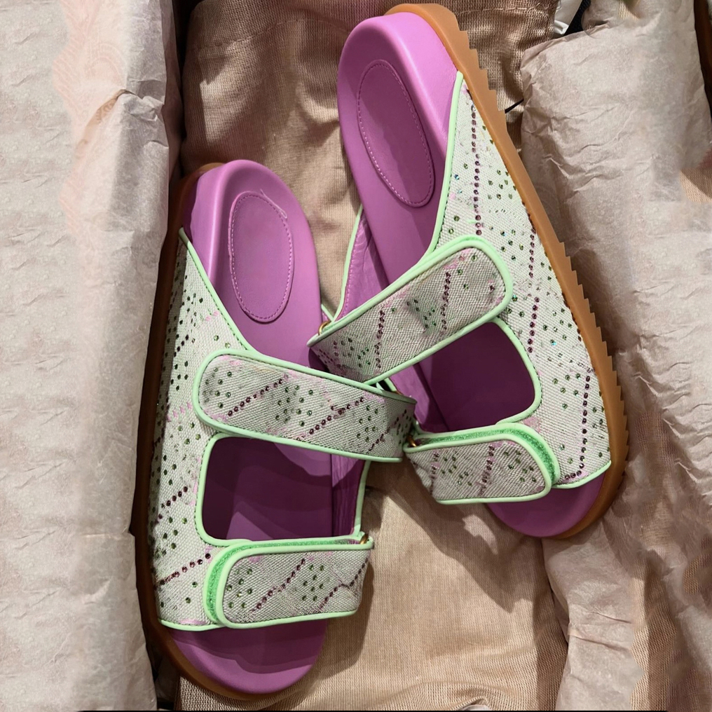 designer sandals summer beach women men sandale flat sandal with double straps purple green crystal canvas platform slippers ladies slides