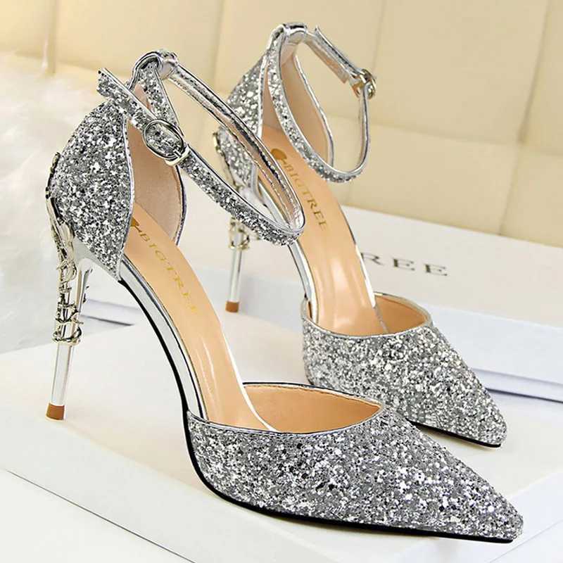 BIGTREE Heel 2025 New Womens Pump glitter High Heels Womens Shoes Fashion Womens Shoes Gold Silver Stiletto Sandals M250421