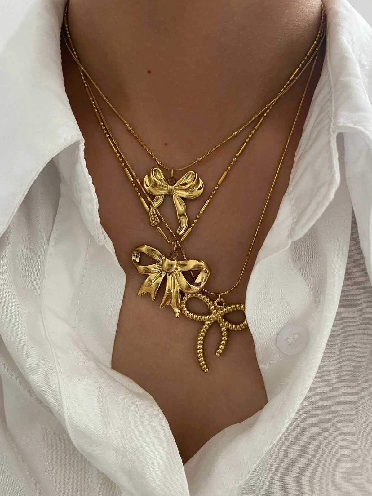 Perisbox Classic Elegant Gold Plated Thin Chain Bow Knot Pendant Necklaces for Women Stainless Steel Waterproof Summer JewelryXJ251121