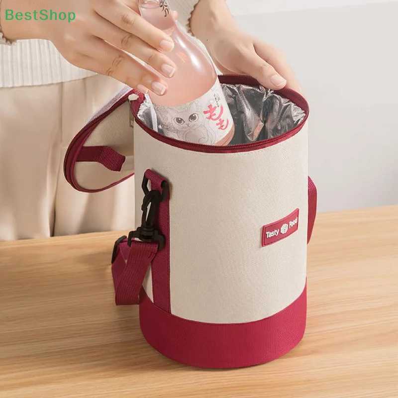 Cylindrical Insulated Bag Has Shoulder StrapsRound Multi-layer Lunch Box BagHandheld Crossbody Bento BagM251121