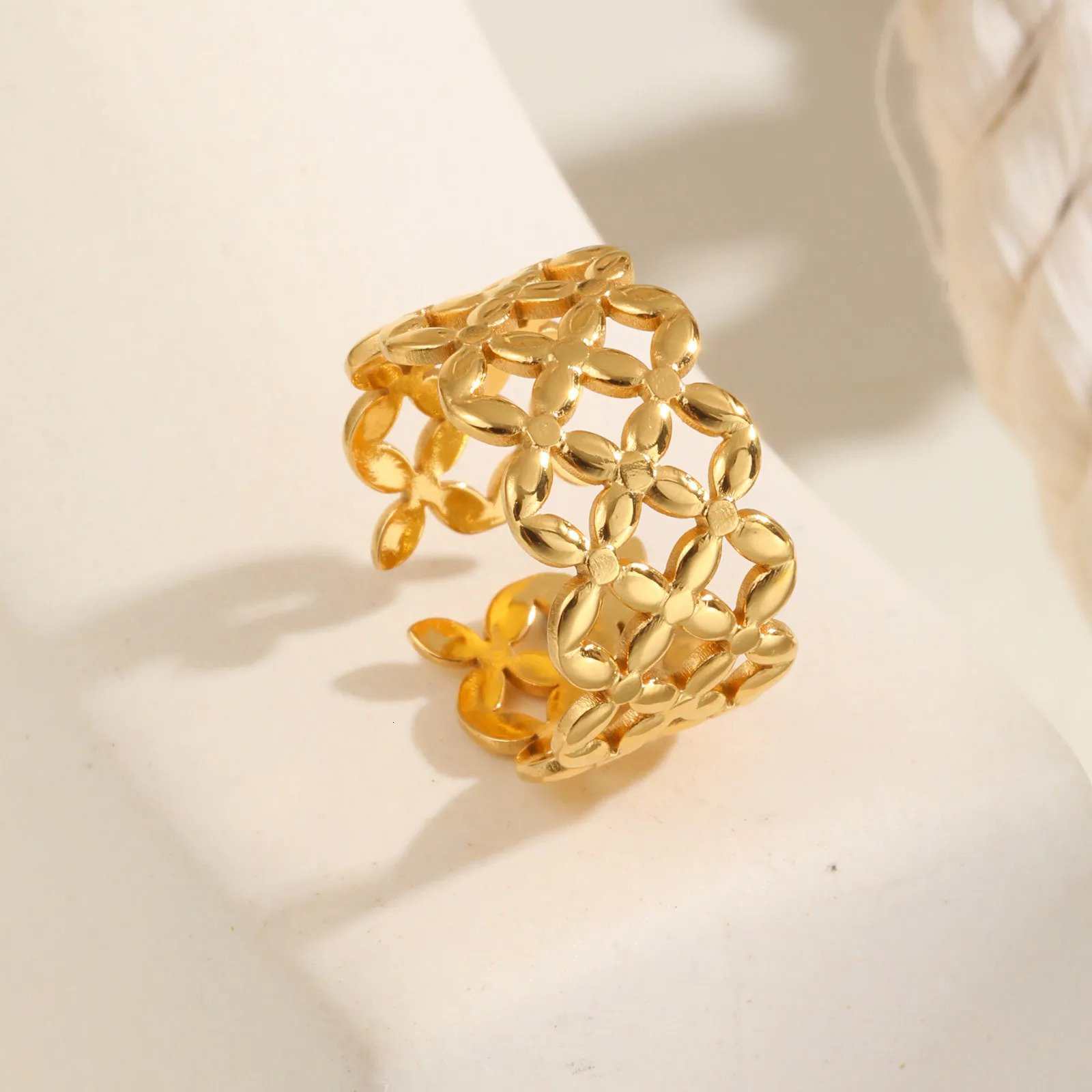 Womens hollow open adjustable flower wreath stainless steel thick wide thumb ring 250418 250418