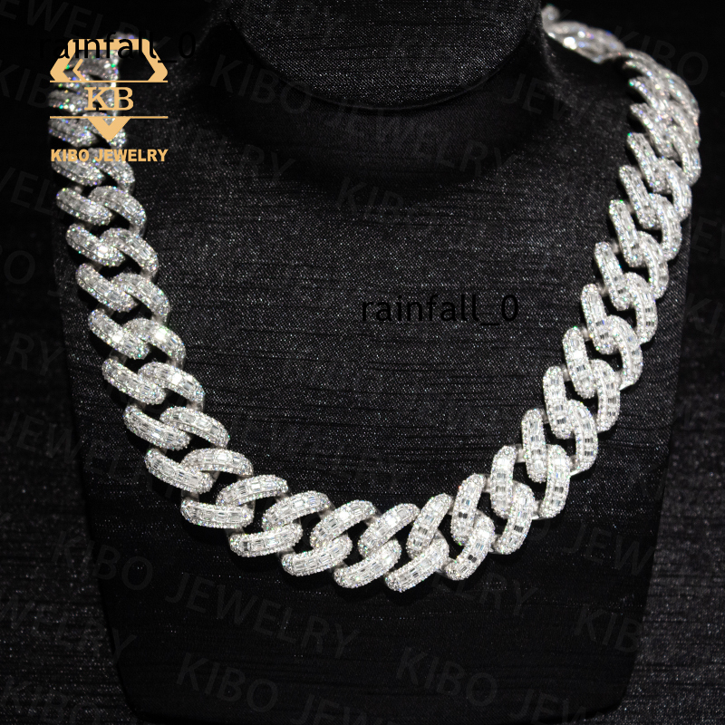 Hip Hop Necklace Rock Jewelry 925 Sterling Silver 20mm Emerald Baguette Cut Diamond Hiphop Iced Out Moissanite Cuban Link Chain