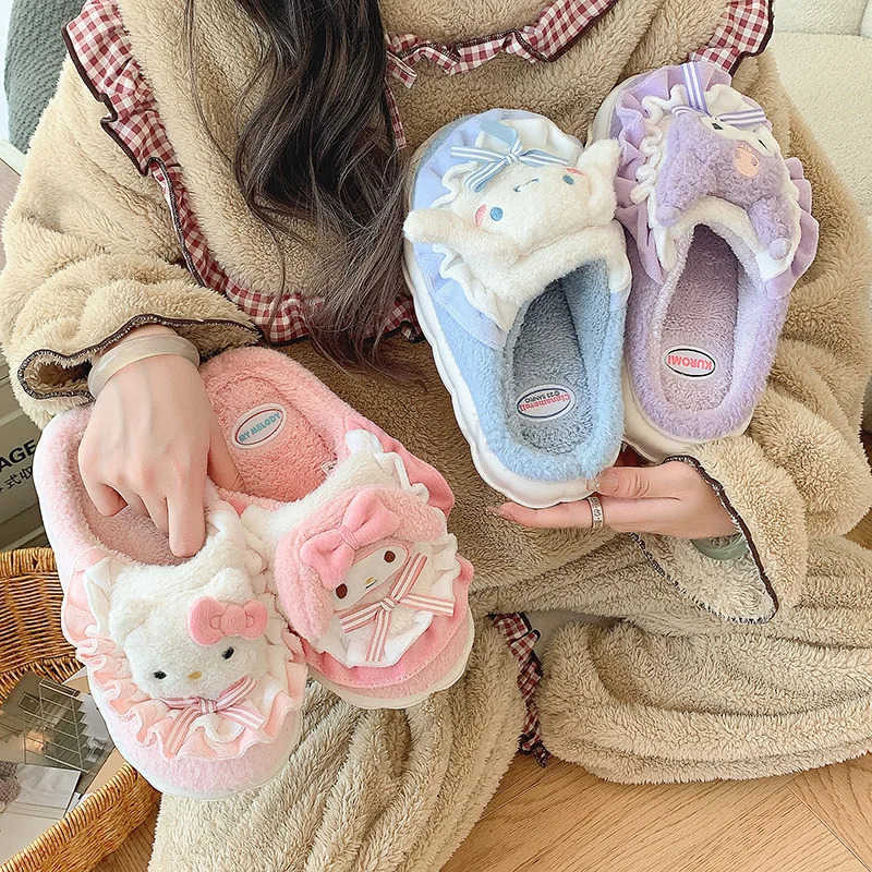 Sanrio Cinnamoroll Hello Kitty Kuromi Cotton Slippers Cartoon Cute Winter Indoor Home Slippers Thick Sole Keep Warm Cotton Shoe H251121